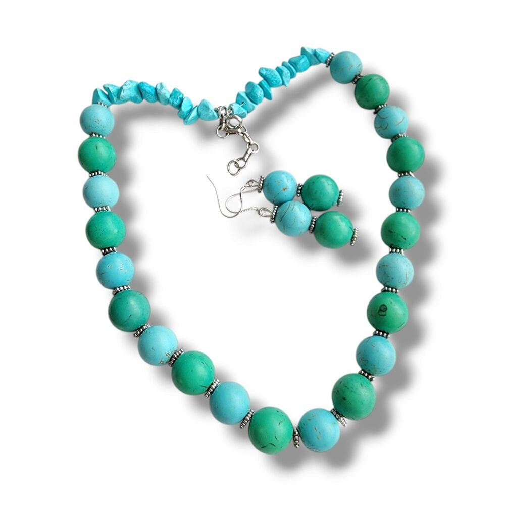 Handmade Gem Stone Beaded Artisan Set Magnesite Turquoise Boho Blue Green Choker